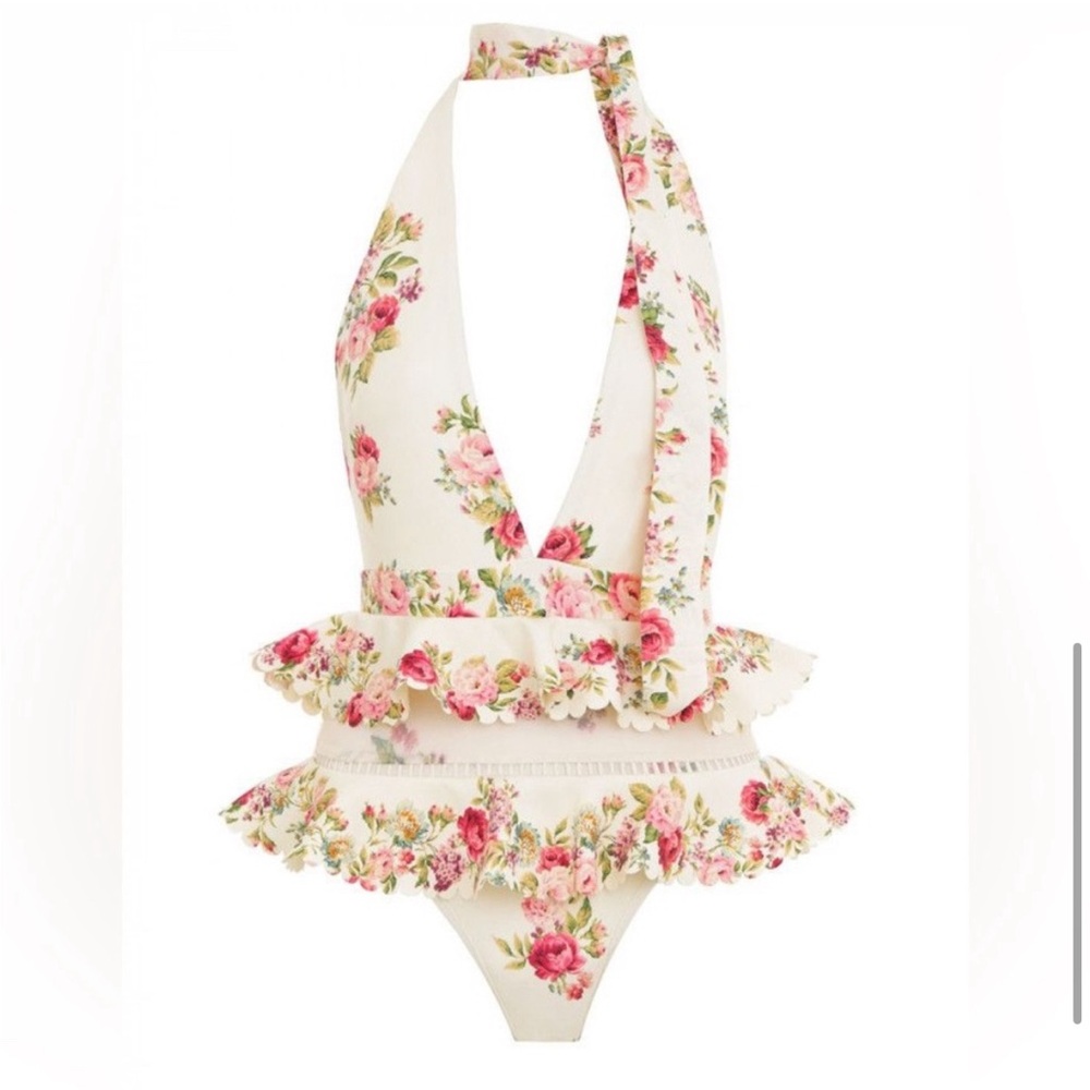 Zimmermann pink floral halterneck one piece swimsuit